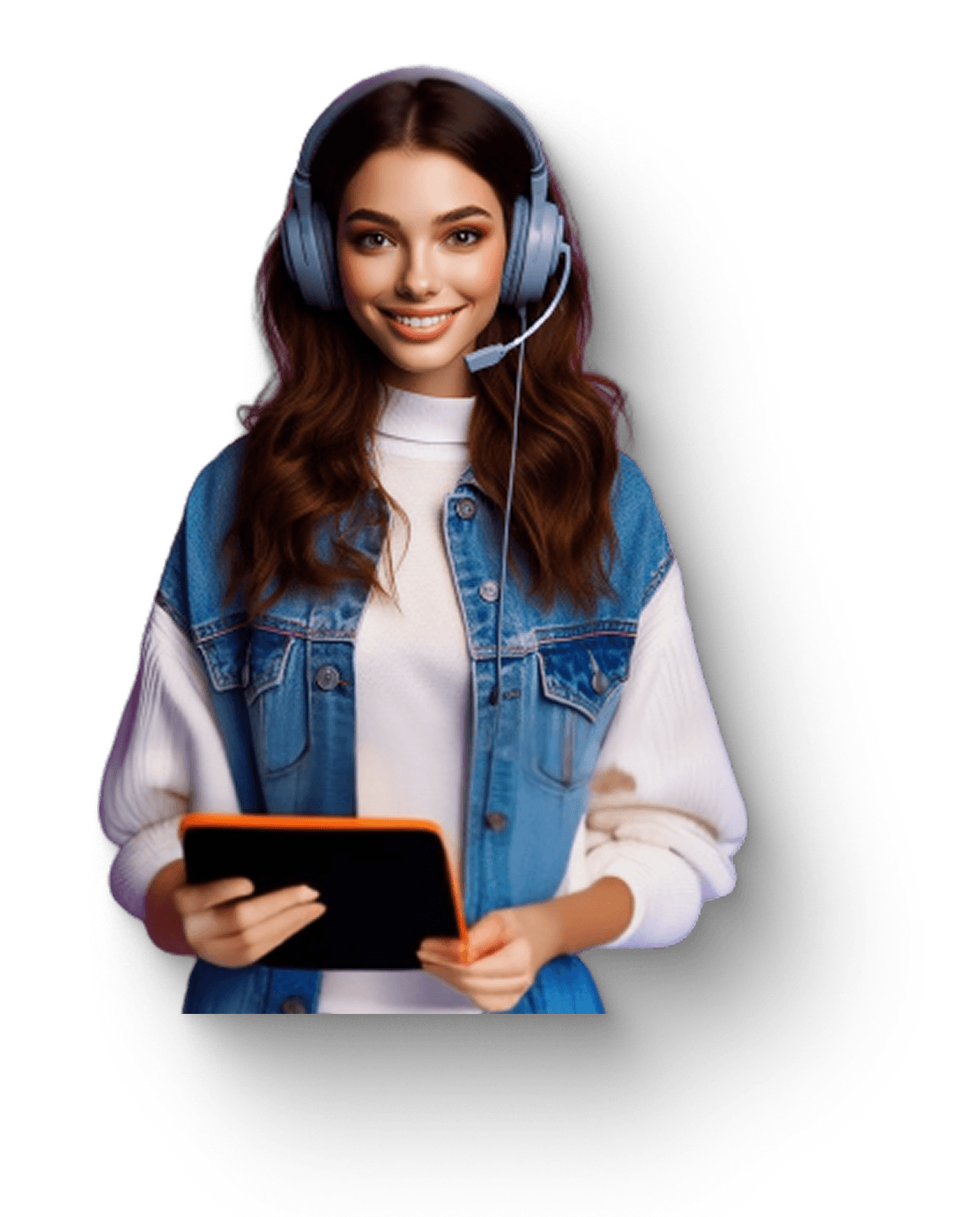 Smiling creator with headphones holding a tablet